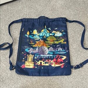 Disney Navy Blue Drawstring Bag with Colorful Park Design